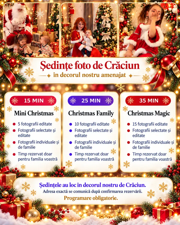 Ședințe foto de Crăciun: Mini Christmas 15 min, Christmas Family 25 min și Christmas Magic 35 min, fără prețuri publice